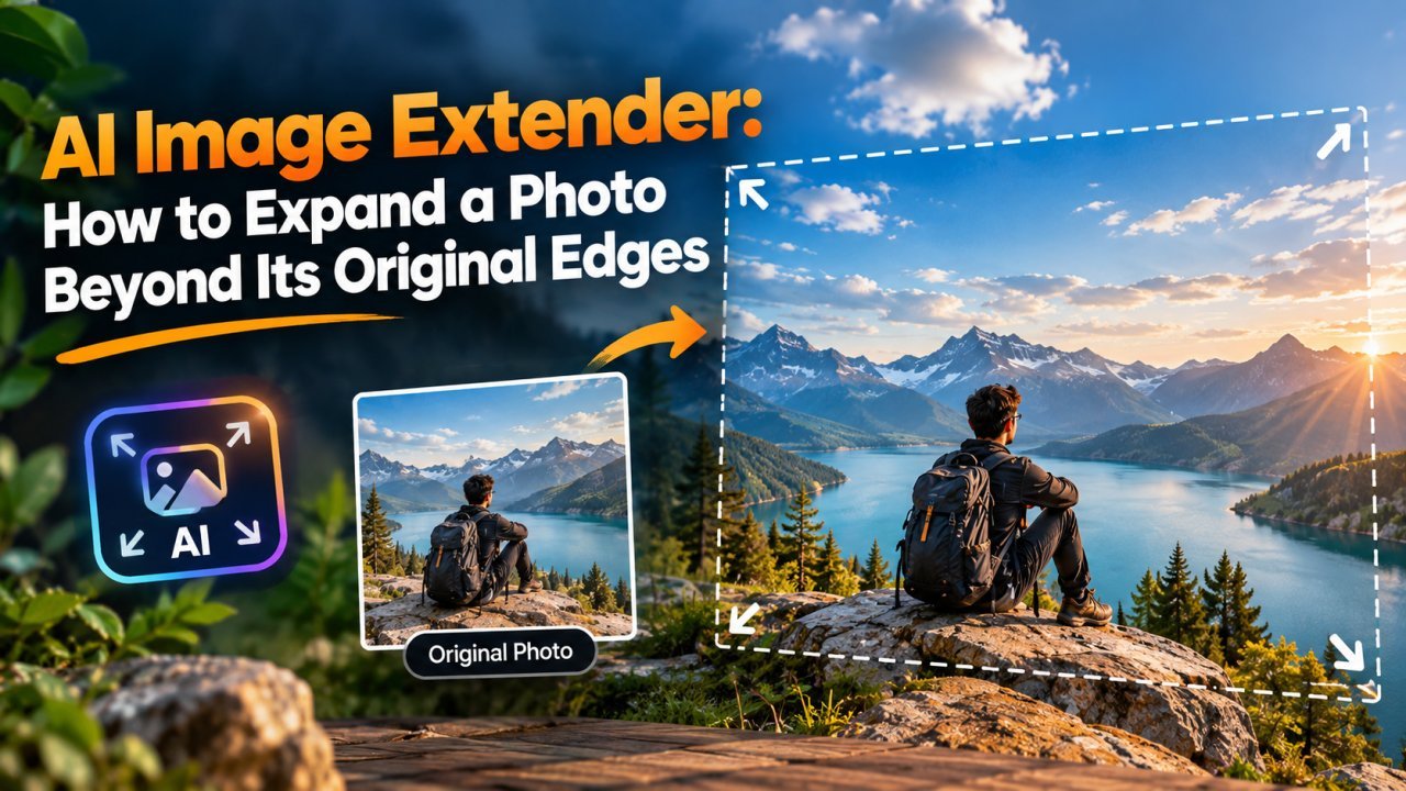 AI image extender expanding a photo beyond its original edges with a realistic background
