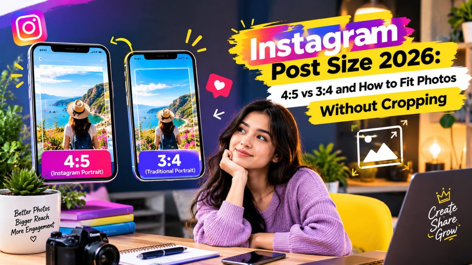 Two phones comparing the same travel photo as a 4:5 and a 3:4 Instagram post