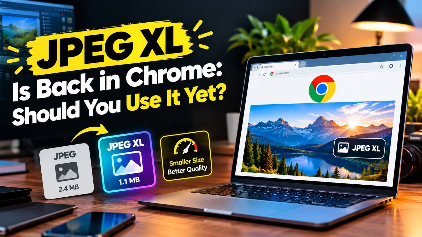 Laptop with the Chrome logo and a JPEG XL image, comparing a 2.4 MB JPEG with a 1.1 MB JPEG XL file