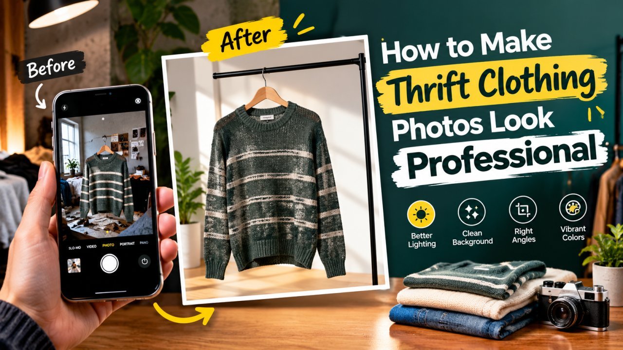 Second-hand shirt laid flat on a plain background next to a phone, ready to be photographed for an online listing