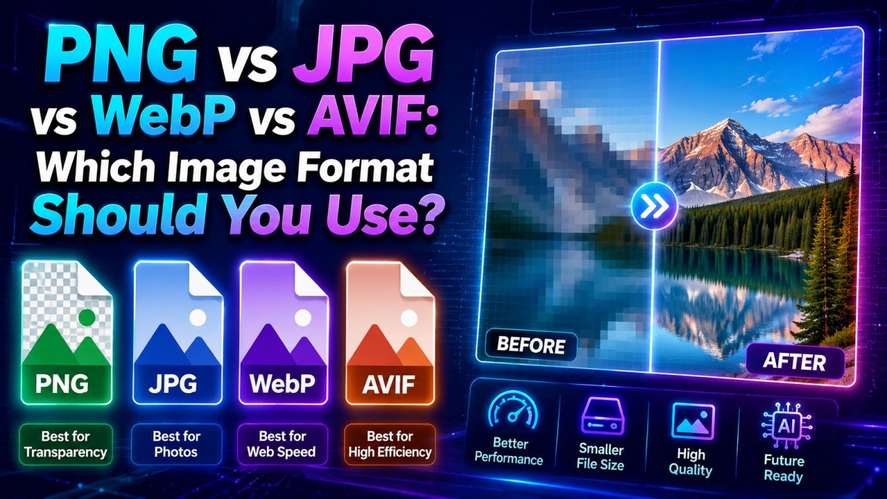 Comparison of PNG JPG WebP and AVIF image formats with file size and quality