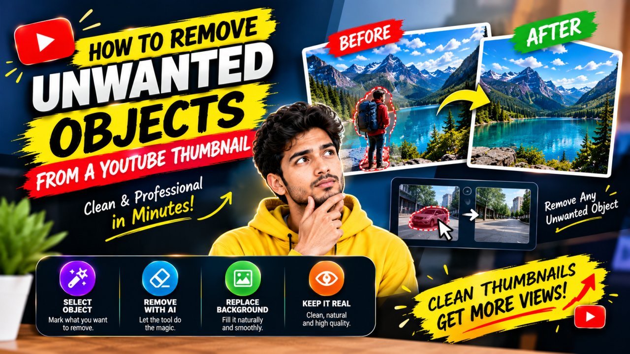 Before-and-after example showing an unwanted object removed from a YouTube thumbnail