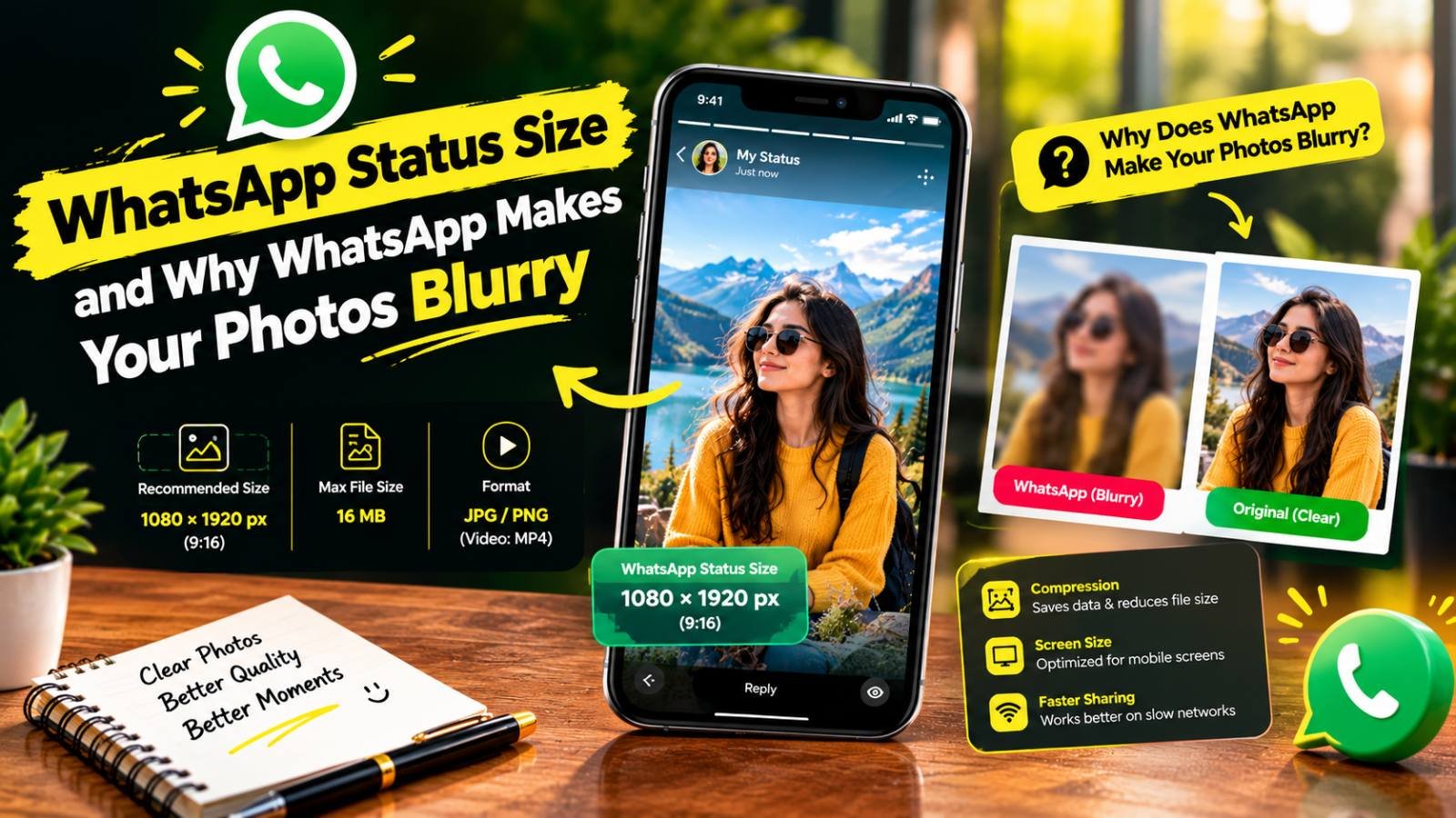 Phone showing a 1080 x 1920 WhatsApp Status photo, next to a blurry WhatsApp copy and the clear original